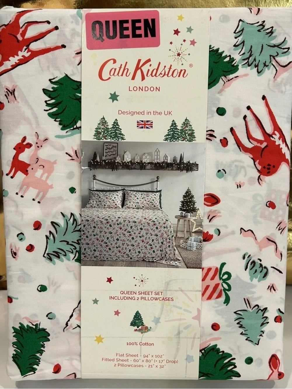 CATH KIDSTON London DITSY DEER Queen Cotton Christmas Sheet set